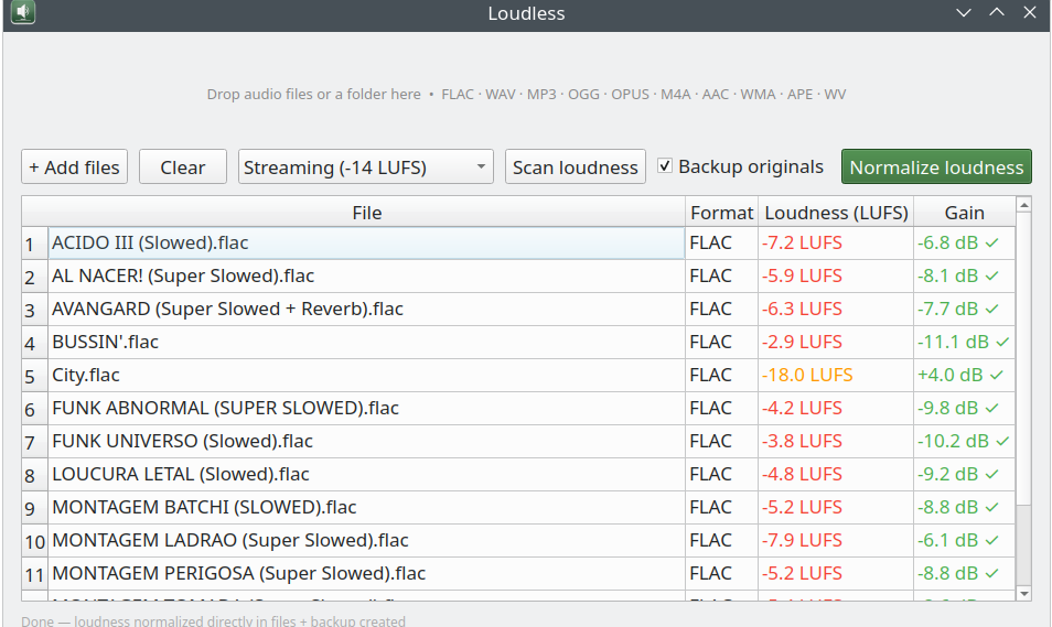 Loudless showing normalized files with gain values